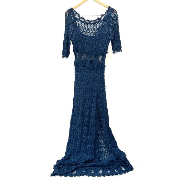 Vintage Nightcap Lace Boho Lace Festival Dress Slit Sheer Navy Blue Size 4 - Picture 2 of 9